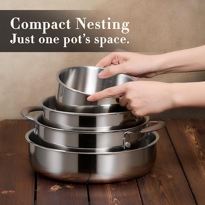 CAROTE 13pcs Tri-Ply Stainless Steel Cookware Set with Detachable Handle, Pots and Pans Set, Induction Kitchen Cooking Sets, RV/Camping Cookware, Oven Safe, Woodgrain Style