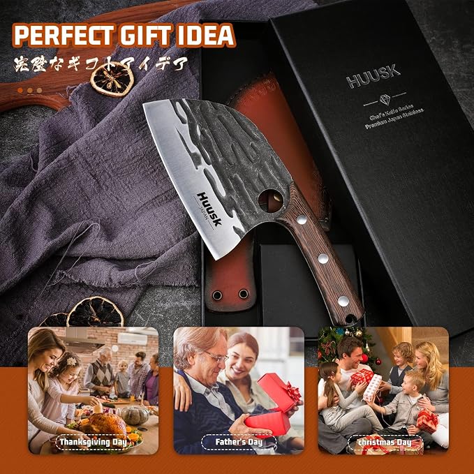 Huusk Upgraded Serbian Chef Knife-Japanese Meat Cleaver Knife for Meat Cutting Forged Butcher Knives with Sheath Full Tang Kitchen Chopping Knives for Home, Outdoor Camping, Gift for Men and Women