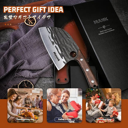 Huusk Upgraded Serbian Chef Knife-Japanese Meat Cleaver Knife for Meat Cutting Forged Butcher Knives with Sheath Full Tang Kitchen Chopping Knives for Home, Outdoor Camping, Gift for Men and Women