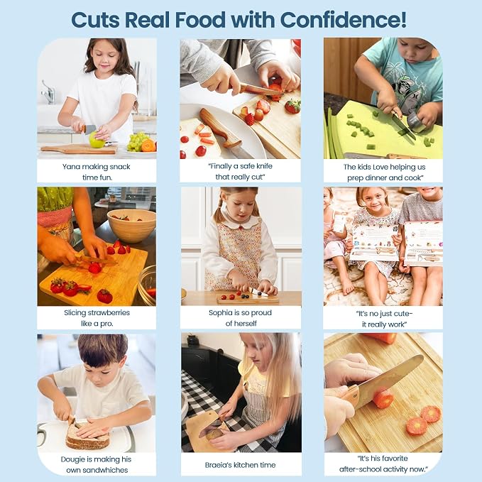 Kibbidea Kids Knife Set for Real Cooking, 4PCS Safe Kitchen Knives for Toddlers and Kids, Food-Grade Stainless Steel Blades for Cutting and Chopping, Child-Safe Beginner Chef Set, BPA-Free