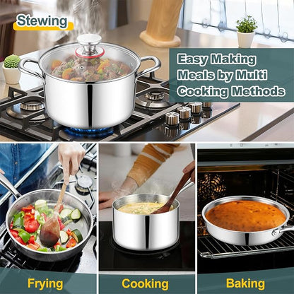 P&P CHEF 3-Ply Stainless Steel Cookware Set of 6, 10-Pieces Pots and Pans Sets Stainless Steel for Kitchen, Induction Multi Cooktops & Oven, Dishwasher Safe, Frying Pans, Saucepans, Saute Pan & Pot