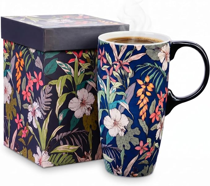 Topadorn 17oz Tropical Hibiscus Ceramic Travel Mug with Lid, Navy Floral Coffee Cup, Exotic Flower Mug, Microwave & Dishwasher Safe, Gift Box Included