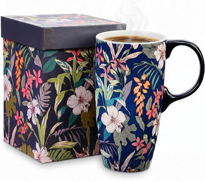 Topadorn 17oz Tropical Hibiscus Ceramic Travel Mug with Lid, Navy Floral Coffee Cup, Exotic Flower Mug, Microwave & Dishwasher Safe, Gift Box Included