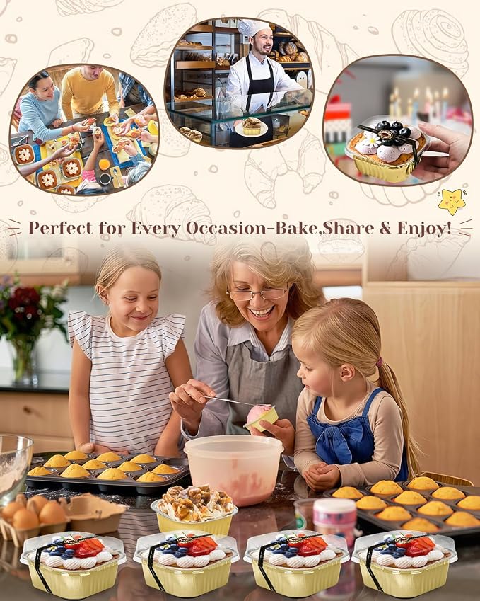 YQER 60 Pack 10oz Mini Cake Pans with Lids, Spoons, Stickers - Disposable Square Brownie Baking Cups - Individual Small Aluminum Foil Loaf Tins for Muffin, Ramekins, Cupcake - Catering, Gift, Gold