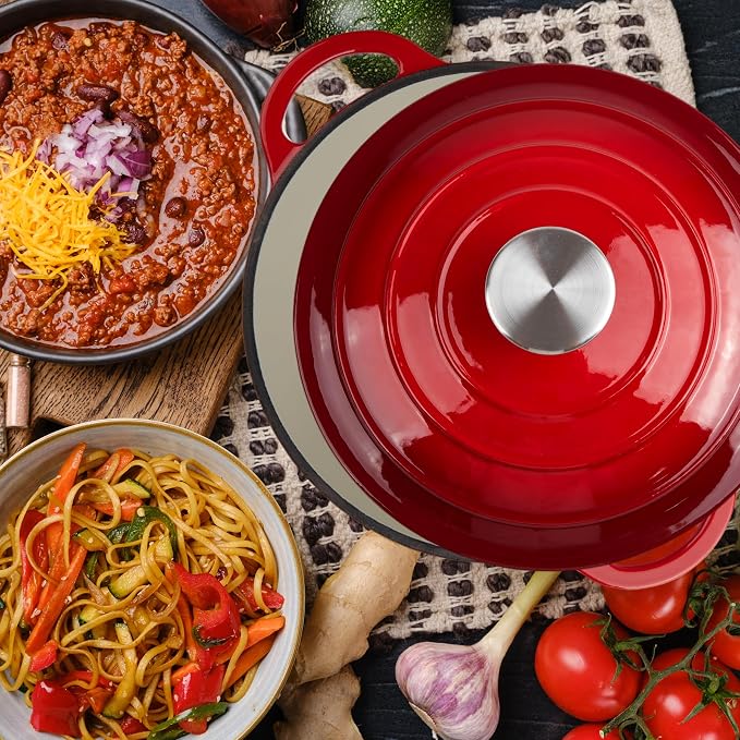 6 Quart Dutch Oven Enameled Cast Iron with Lid - Big Dual Handles - Oven Safe up to 500°F - Classic Round Pot for Versatile Cooking (Red, 6 QT)