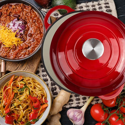 6 Quart Dutch Oven Enameled Cast Iron with Lid - Big Dual Handles - Oven Safe up to 500°F - Classic Round Pot for Versatile Cooking (Red, 6 QT)