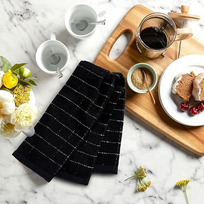 Mordimy 100% Cotton Terry Cloth Kitchen Towels, Super Soft and Absorbent Dish Towels for Drying, Checkered Designed Hand Towels for Kitchen, 13 x 28 Inches, 4 Pack, Black