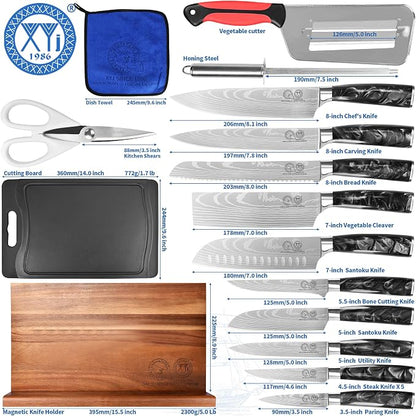 XYJ Authentic Since 1986,Knife Block Set,Professional Japanese Style Chef Knives Set with Block,Scissors,Sharpener Rod,Cutting Board,Gloves,Stainless Steel Steak Paring Bread Santoku Kitchen Knives