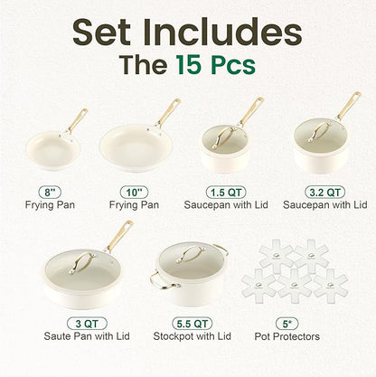 Chef Power Ceramic Cookware Sets, 15Pcs Pots and Pans Set Non Stick, Cookware Set with Stainless Steel Handle, Dishwasher & Oven Safe, Cream White and Light Gold Handle