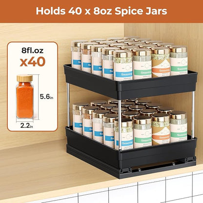 Mystozer Pull Out Spice Rack Organizer for Cabinet, Slide Out Spice Racks Organizer, Easy to Install Spice Cabinet Organizers, 8.26''Wx10.6''Dx8.7''H, 1 Pack-2 Tier(Black)