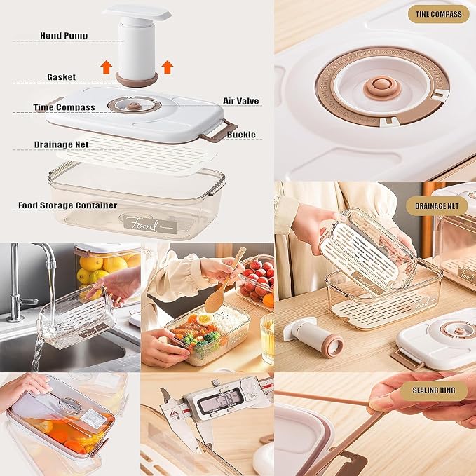 liviware home & kitchen Vacuum Seal Containers - Preserve Freshness with Time Dial, BPA-Free, Microwave-Safe - 2-Piece Set (5.1 Cups + 8.9 Cups Rectangular), White, liv01