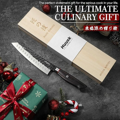 Huusk Santoku Japanese Chef Knife - Hand Forged Chef's Knives with VG10 Steel Core, Ultra Sharp 8 inch Kitchen Knife with Ergonomic Ebony Handle, Premium Wooden Gift Box for Men Women