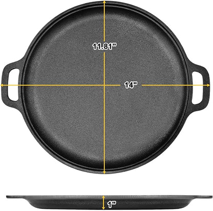 13.8 Inch Cast Iron Pizza Pan - Round Comal for Even Heating - Works on Oven, Grill & Campfire, Heavy-Duty Cast Iron Pizza Stone with Dual Handles