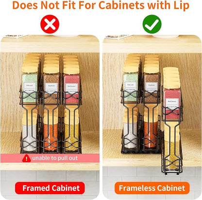 RCHYFEED Pull Out Spice Rack Organizer for Cabinet, Metal Heavy Duty Cabinet Spice Organizer, 2 Tier Slide Out Spice Racks, 7.3 W x10.5 D x8 H, 3 Individual Drawers(2.1" Wide), Jars Not Included