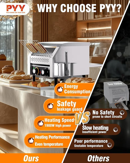PYY Commercial Conveyor Toaster 300pcs/h - Electric Conveyor Belt Toaster for Toast, Bun, Bagel, Bread, Heavy Duty Stainless Steel Toaster Oven for Restaurant, Bakery, Buffet Use
