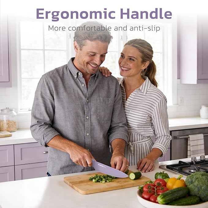 Man and woman in a kitchen with a cutting board and vegetables, emphasizing an ergonomic handle feature.