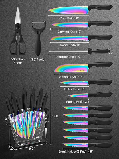 Aiheal Knife Set, 16 Pieces High Carbon Stainless Steel Rainbow Color Kitchen Knife Set, Titanium Coating Blade, No Rust and Super Sharp Cutlerywith Acrylic Stand and Kitchen Scissors, Gift