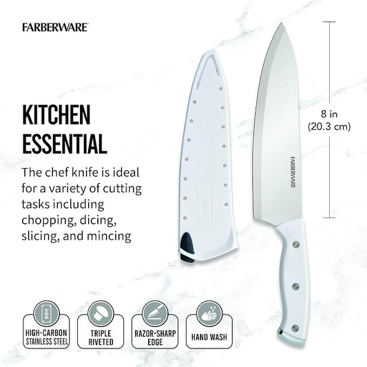 Farberware Edgekeeper Triple Riveted Chef Knife with Self-Sharpening Blade Cover, High Carbon-Stainless Steel Kitchen Knife with Ergonomic Handle, Razor-Sharp Knife, 8 Inch, White