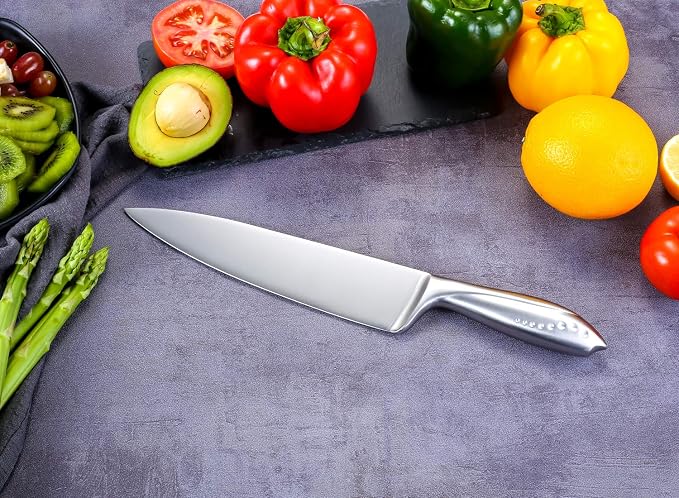 WELLSTAR Chef Knife 8 Inch, Razor Sharp German Stainless Steel Blade with Comfortable SS Hollow Finger Guard Handle for Kitchen Meat Sushi Vegetable Fruit Cutting Slicing Dicing, Gift Box