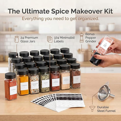 SAVVY & SORTED Glass Spice Jars with Label 24 PK - 4 Oz Spice Containers with 374 Minimalist Preprinted Labels Stickers, Pepper Grinder Funnel Shaker Lids, Empty Seasoning Containers Bottles