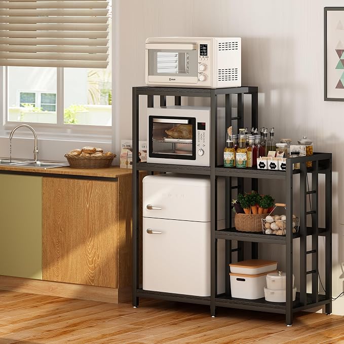 METYERRY 6-Tier Adjustable Mini Fridge Cabinet With Power Outlet,Kitchen Bakers Rack With storage,Mini Fridge And Microwave Stand,Coffee Bar, Free Standing Shelf for Kitchen, Home Office,Balcony,Black