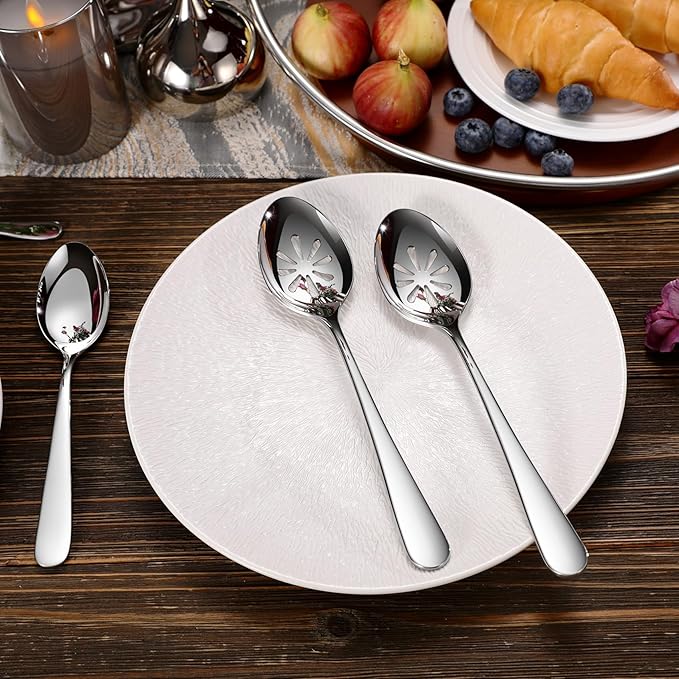 KEAWELL Louise Premium 2 Piece Serving Spoons and 2 Piece Serving Slotted Spoons – 9 inches – 18/10 Stainless Steel - Uniting Elegance and Durability - Exquisite Serving Utensils for Parties