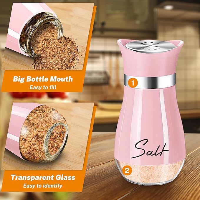 Pink Salt and Pepper Shakers Set with Holder,4 oz Kitchen Decor and Accessories Home Essentials Cute Household Items for Mother's Day Housewarming Gift Refillable Design (Pink)