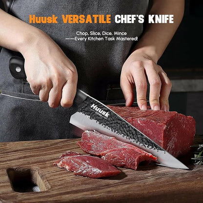 Huusk Chef Knife Japanese Kitchen - Hand Forged Viking Knife for Meat Cutting - Ideal Kitchen Knife Made From a Single Piece of High Carbon Steel Christmas Gift for Men and Women