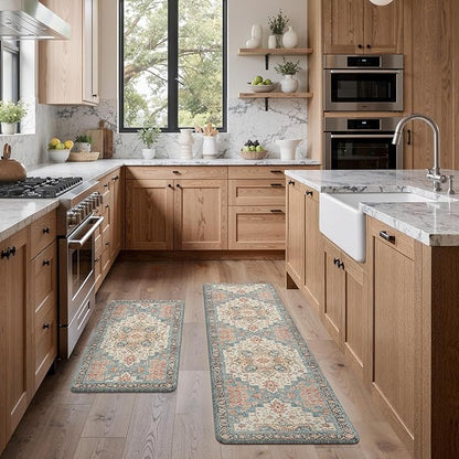 GENIMO Kitchen Mats for Floor 2PCs, Washable Anti Fatigue Mat for Cushioned, 17.3"x59"+17.3"x30", Waterproof Kitchen Rugs, Non Slip Comfort Standing Mat Rug for Home, Sink, Laundry, Blue&Salmon
