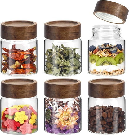 5oz Glass Spice Mason Jars with Screw Wood Lid 6 pcs Airtight Small Glass Jars Seasoning Herb Containers Food Storage Canister for Sugar Coffee Bean Ground Candy Salt Overnight Oat (5oz/150ml*6)