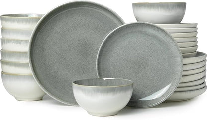 Pokini 24 Piece Dinnerware Sets for 8, Modern Stoneware Plates and Bowls Sets, Perfect for Family Gatherings & Holiday Celebrations, Easy Cleaning Dishes, Stack Compactly Plate Set, Gradient Green