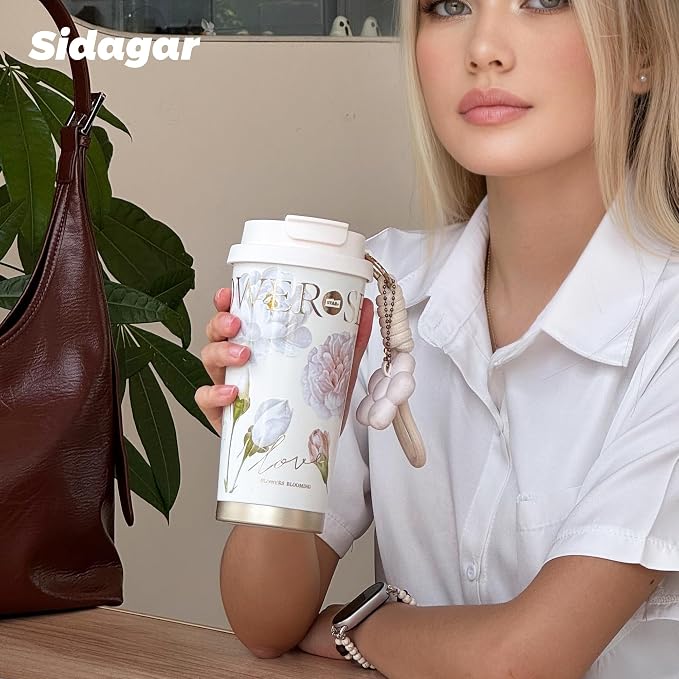 Insulated Travel Coffee Mug,18 oz Stainless Steel Coffee Tumbler with Flip Straw, Double Wall Thermal Cup with Leak Proof Lid,Reusable Ceramic Water Bottle for Office,White