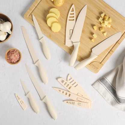 Gibson Home Bostonville 12 Piece Kitchen Knives Set W/Blade Guards/Sheaths, Chef Knife Sets With Nonstick Blades - White
