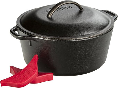 Lodge Cast Iron Dutch Oven 5 Quart - Loop Handle Cooking Vessel - Even Heat Retention - Oven-Safe, Versatile Pot - Handle Holders Included