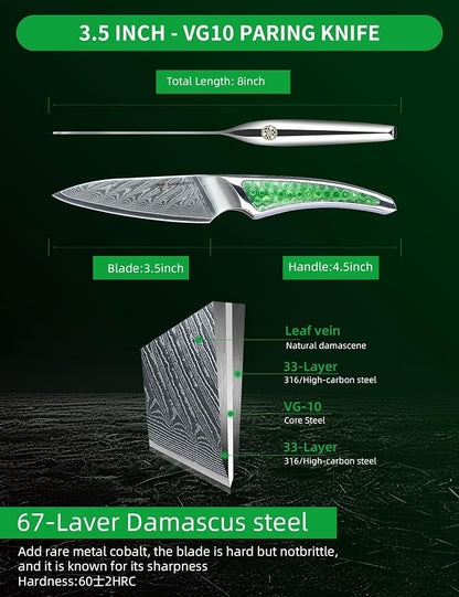 3.5 inch Paring Knife, Japanese VG-10 Damascus Steel Kitchen Knife, Ultra Sharp Fruit Knife with Full-tang Handle in Green Resin, LA-S9 Series
