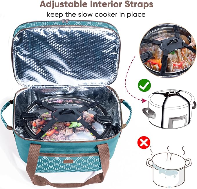 Double Layer Slow Cooker Carrier Bag – Fits 6–8 Qt Oval Slow Cooker Compatible with CrockPot & Hamilton Beach | Insulated Travel Tote with Utensil Storage & Adjustable Straps
