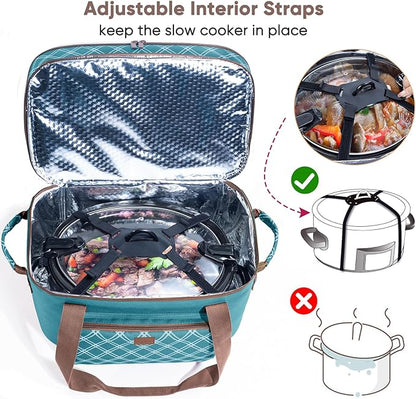 Double Layer Slow Cooker Carrier Bag – Fits 6–8 Qt Oval Slow Cooker Compatible with CrockPot & Hamilton Beach | Insulated Travel Tote with Utensil Storage & Adjustable Straps