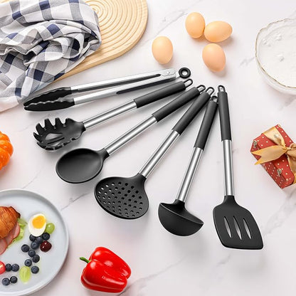 LIANYU Kitchen Utensils Set of 6, Silicone Cooking Utensils Set for Nonstick Cookware, Heat Resistant Kitchen Spatula Gadgets Tools, Stainless Steel Handle, Black