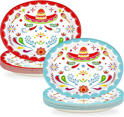 50Pcs Mexican Fiesta Oval Paper Plates 10" x 12" Large Disposable Heavy Duty Colorful Mandala Floral Plates Mexican Cinco De Mayo Dessert Platters for Taco Tuesday Birthday Festive Party Supplies