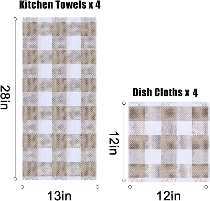 Homaxy Kitchen Towels and Dishcloths Set, 12 x 12 and 13 x 28 Inches, Set of 10 100% Cotton Waffle Weave Check Plaid Kitchen Dish Towels, Super Soft and Absorbent Dish Cloths, White & Khaki