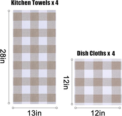 Homaxy Kitchen Towels and Dishcloths Set, 12 x 12 and 13 x 28 Inches, Set of 10 100% Cotton Waffle Weave Check Plaid Kitchen Dish Towels, Super Soft and Absorbent Dish Cloths, White & Khaki