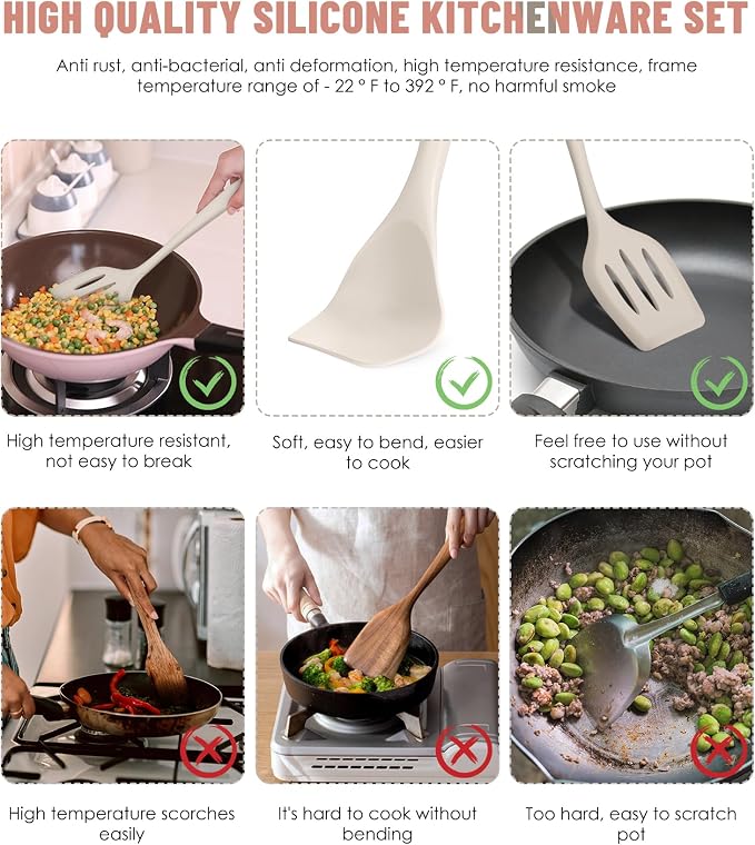 Kitchen Utensils Set-12 Pieces Silicone Cooking Utensils Set (Dishwasher Safe) 392°F Heat Resistant Spatula Set, Nonstick Cookware