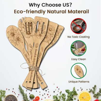 CUTHOLLOW 6PCS Various of Flower Wooden Kitchen Cooking Utensil Set, 11.9in Non Toxic Bamboo Wood Spoon Set for Cooking, Best Housewarming Birthday Thanksgiving Christmas Gift for Women Mother