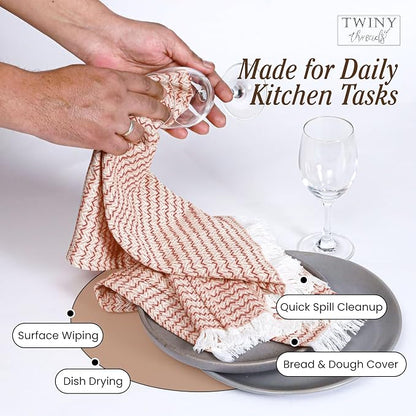 TWINY threads Kitchen Dish Towel Chevron Weave, Premium Large 100% Cotton Kitchen Linen Set, Dish Rags and Wash Rags, Absorbent Quick Drying, Washable Reusable, Pack of 4, 16 x 26 Inch, Rust