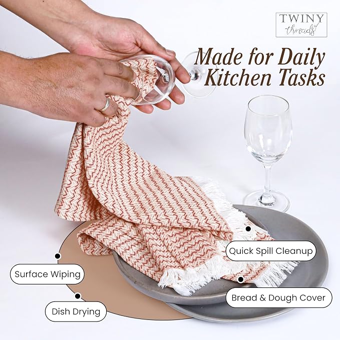 TWINY threads Kitchen Dish Towel Chevron Weave, Premium Large 100% Cotton Kitchen Linen Set, Dish Rags and Wash Rags, Absorbent Quick Drying, Washable Reusable, Pack of 12, 16 x 26 Inch, Rust