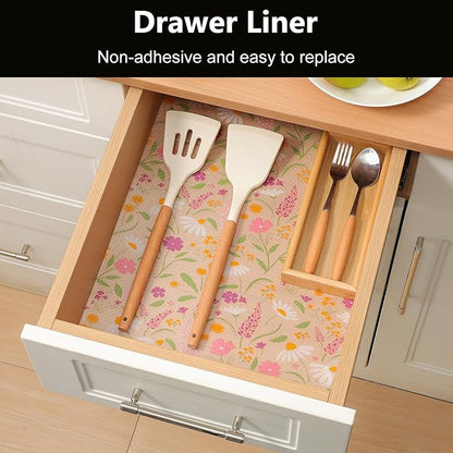 INNOLITES Shelf Liner for Kitchen Cabinets, Non-Adhesive Drawer Liner, Waterproof Washable EVA Floral Pattern, Protect Dresser Cupboard Refrigerator Shelves (Sage Wildflower, 11.8" x 120")