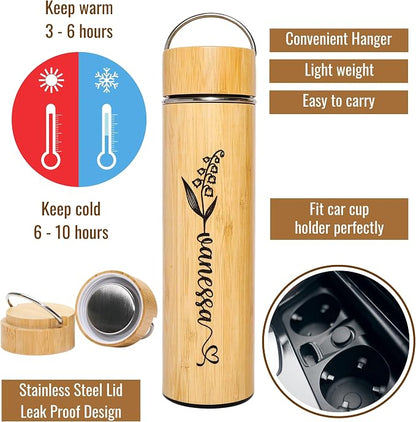 Custom Name Tea Infuser Bottle Bamboo Water Bottles Tea Tumbler with Infuser Minimalist Style Birth Month Flower