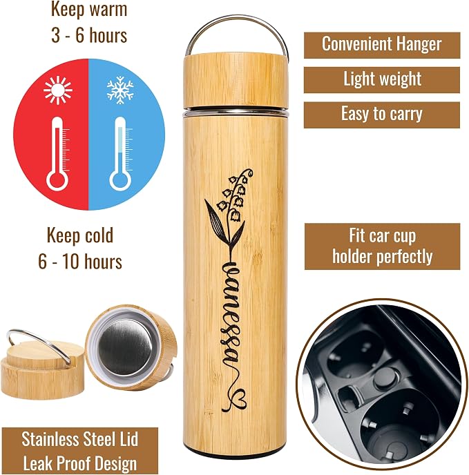 Custom Name Bamboo Tea Infuser 17 oz Tea Tumbler Infuser Bottle for Loose Tea Leaves, Tea Cup Travel Mug Stainless Steel Gift