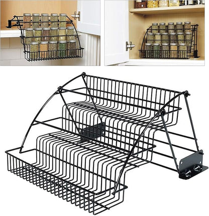 Pull Down Spice Rack for Upper Cabinets, 3-Tier Black Wire Organizer with Screw Mount for Deep Inside Storage