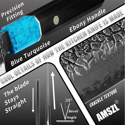 8" Japanese VG10 Damascus Chef Knife – Blue Turquoise, Ebony Handle | HRC 60-62, stays sharp 3X longer. 5-layer Damascus, full tang octagonal ebony handle with genuine blue turquoise